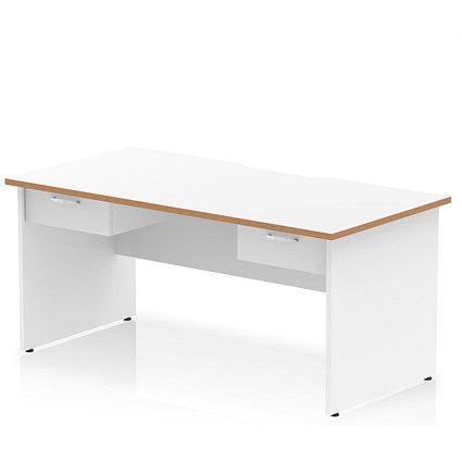 Oslo 1600 Scalloped and Wood Edge Rectangular Desk, Panel End Legs, White, With 2 x 1 Drawer Fixed Pedestals