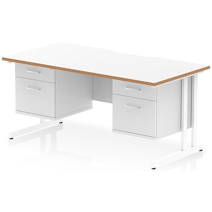 Oslo 1600 Scalloped and Wood Edge Rectangular Desk, Cantilever Legs, White, With 2 x 2 Drawer Fixed Pedestals