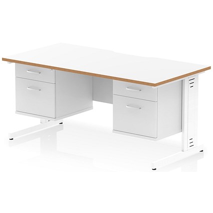 Oslo 1600 Scalloped and Wood Edge Rectangular Desk, Cable Managed Legs, White, With 2 x 2 Drawer Fixed Pedestals