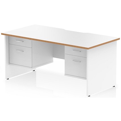 Oslo 1600 Scalloped and Wood Edge Rectangular Desk, Panel End Legs, White, With 2 x 2 Drawer Fixed Pedestals