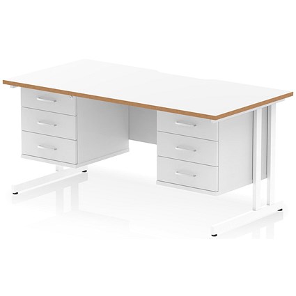 Oslo 1600 Scalloped and Wood Edge Rectangular Desk, Cantilever Legs, White, With 2 x 3 Drawer Fixed Pedestals