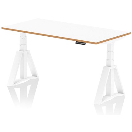 Oslo 1600mm Height Adjustable Desk, Natural Wood Edge, White Frame with Piste Foot, White