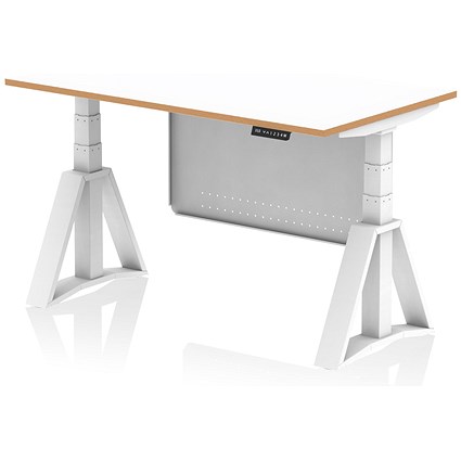 Oslo 1400mm Height Adjustable Desk, Natural Wood Edge, White Frame with Piste Foot and Modesty Panel, White