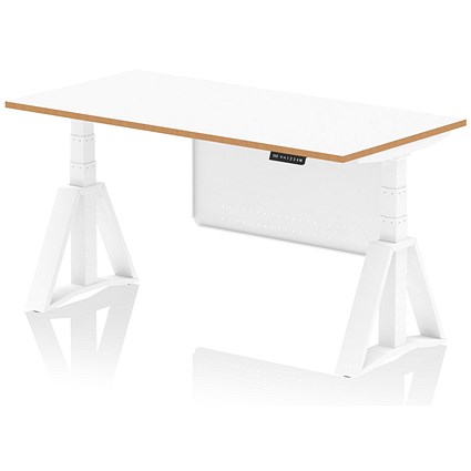 Oslo 1600mm Height Adjustable Desk, Natural Wood Edge, White Frame with Piste Foot and Modesty Panel, White