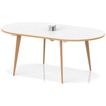 Oslo Volta 1800mm Oval Boardroom Table With Pop-up Power Module White Top Natural Wood Edge With Wooden Splayed Leg