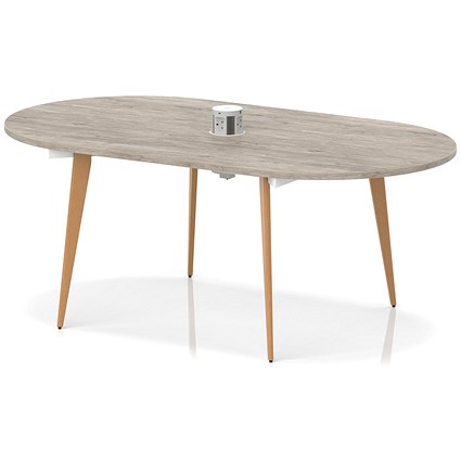 Oslo Volta 1800mm Oval Boardroom Table With Pop-up Power Module Grey Oak Top With Wooden Splayed Leg
