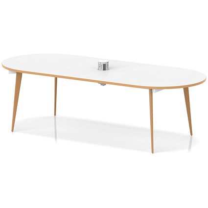 Oslo Volta 2400mm Oval Boardroom Table With Pop-up Power Module White Top Natural Wood Edge With Wooden Splayed Leg