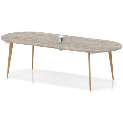 Oslo Volta 2400mm Oval Boardroom Table With Pop-up Power Module Grey Oak Top With Wooden Splayed Leg