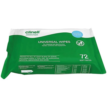 Clinell Universal Cleaning and Disinfecting Wipes, 72 Wipes Per Pack, Pack of 12