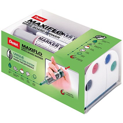 Pentel Maxiflo Whiteboard Markers, Assorted Pack of 4 with Magnetic Eraser
