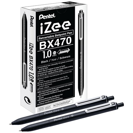 Pentel iZee Retractable Ballpoint Pen, 1.0mm, Black, Pack of 12