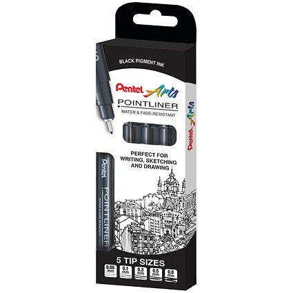 Pentel Pointliner Pigment Pen, Assorted Sizes, Black, Pack of 5