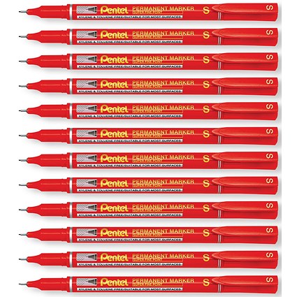 Pentel Permanent Marker Super Fine Point Red Pack of 12