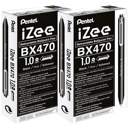 Pentel iZee Retractable Ballpoint Pen, 1.0mm, Black, Pack of 12 - Buy One Get One Free