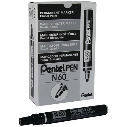 Pentel N60 Permanent Marker, Chisel Tip, Black, Pack of 12