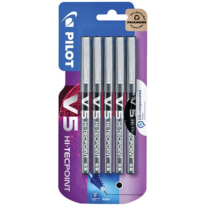 Pilot V5 Hi-Tecpoint Liquid Ink Rollerball Pen Fine Black (Blister Pack of 5)
