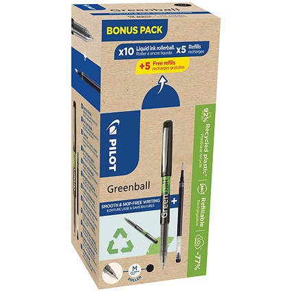 Pilot Greenball Rollerball Bonus Pack, Black, Box of 10 Pens + 10 Refills, Pack of 20