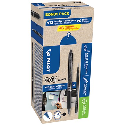 Pilot FriXion Ball Clicker Rollerball Bonus Pack, Box 12 Pens +12 Refills, Black, Pack of 24