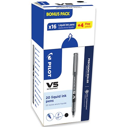 Pilot V5 Rollerball Pen, Liquid Ink, 0.5mm tip, 0.3mm line, Black, Pack of 20 Pilot V5 Rollerball Pen, Liquid Ink, 0.5mm tip, 0.3mm line, Black, Pack of 20
