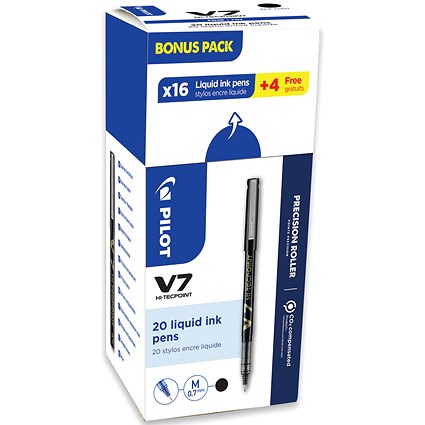 Pilot V7 Rollerball Pen, Liquid Ink, 0.7mm tip, Black, Pack of 20