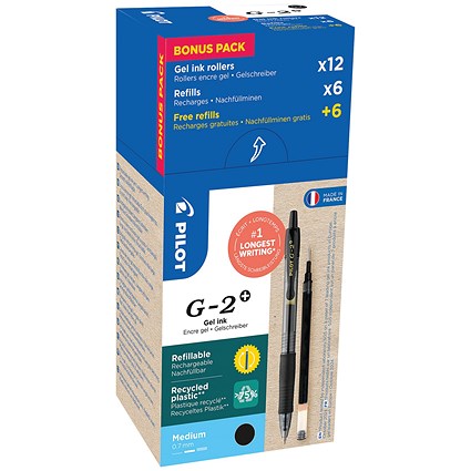 Pilot G-2 Plus Begreen Greenpack Gel Ink Rollerball Medium Black with 6 Refills (Pack of 12) WLT5561