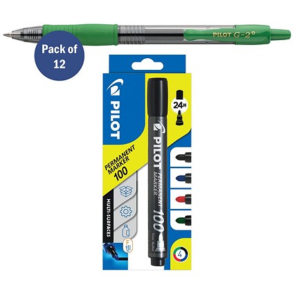 Pilot G-2 Gel Ink Rollerball Pen Medium Green Pack of 12 FOC x4 Pilot Assorted Markers