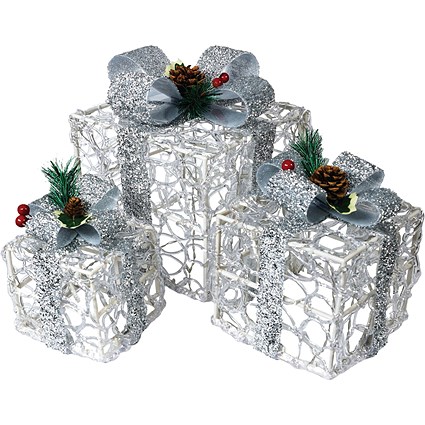 LED Outdoor/Indoor Light Up Christmas Presents Silver Pack of 3 GH9069