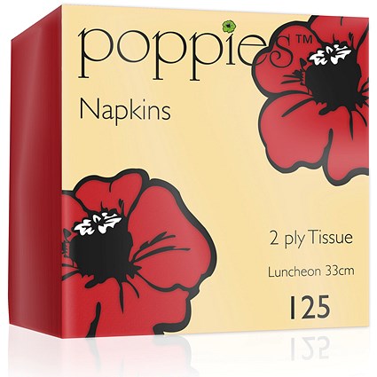 Poppies 2-Ply Tissue Luncheon Napkins, 4 Fold, Red, 33cm, Pack of 125
