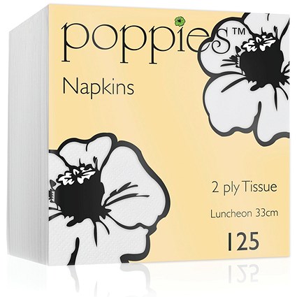 Poppies 2-Ply Napkins, 4 Fold, 33cm, White, Pack of 2000