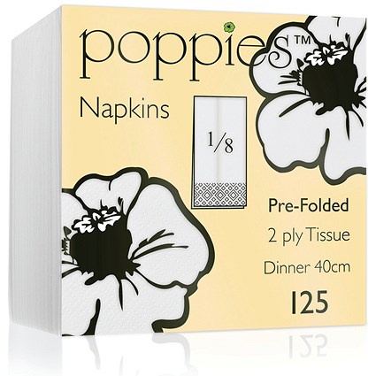 Poppies 2-Ply Napkins, 8 Fold, 40cm, White, Pack of 2000