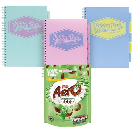 Pukka Pad Wirebound Project Book, A4, Ruled, 200 Pages, Assorted Pastel, Pack of 3 - Get Free Nestle Aero Bubbles Peppermint Milk Chocolate Sharing Bag, 92g