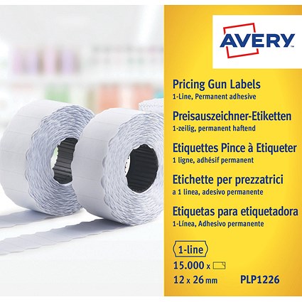 Avery Labels for Labelling Gun 1-Line Permanent White 12x26mm 1500 Per Roll (Pack 10) - PLP1226