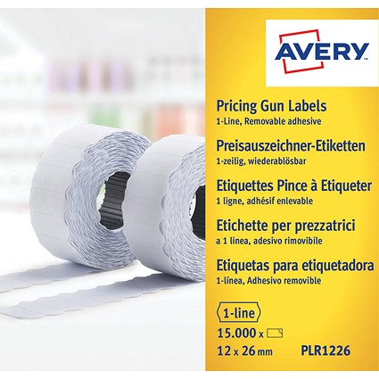 Avery Labels for Labelling Gun 1-Line Removable White 12x26mm 1500 per Roll (Pack 10) - PLR1226