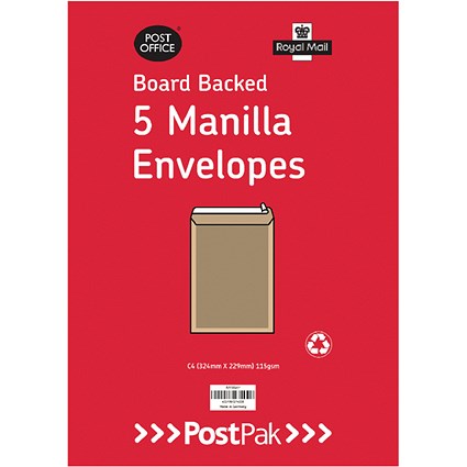 Postpak C4 Peel and Seal Manilla Board Back 115gsm 5 Envelopes (Pack of 20) 9730247
