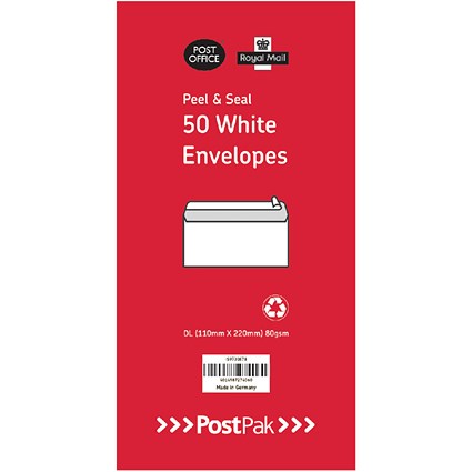 Postpak DL Envelopes, Peel and Seal, 80gsm, White, 10 Packs of 50