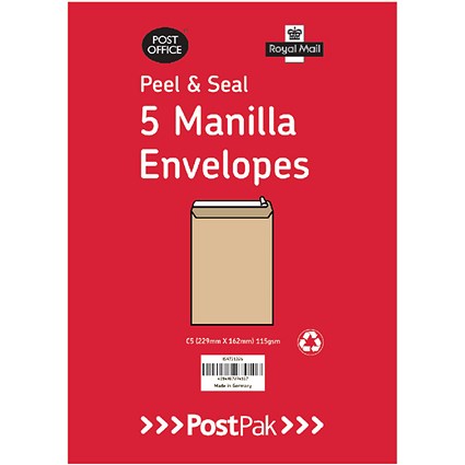 Postpak C4 Envelopes, Peel and Seal, 115gsm, Manilla, 40 Packs of 5