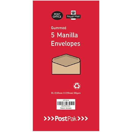 Postpak DL Envelopes, Gummed, 70gsm, Manilla, 5 Packs of 50