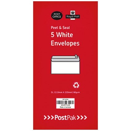 Postpak DL Envelopes, Peel and Seal, 80gsm, White, 5 Packs of 50
