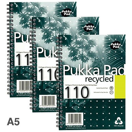 Pukka Pad Recycled Wirebound Notebook, A5, Ruled & Perforated, 110 Pages, Green, Pack of 3 Pukka Pad Recycled Wirebound Notebook, A5, Ruled & Perforated, 110 Pages, Green, Pack of 3