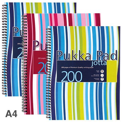 Pukka Pad Jotta Wirebound Notebook, A4, Ruled & Perforated, 200 Pages, Assorted Colours, Pack of 3