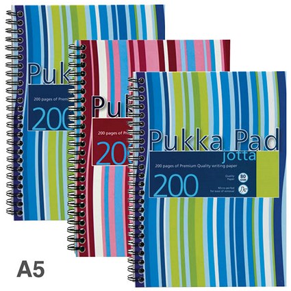 Pukka Pad Jotta Wirebound Notebook, A5, Ruled & Perforated, 200 Pages, Assorted Colours, Pack of 3