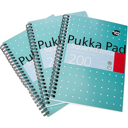 Pukka Pad Jotta Squared Wirebound Notebook, A5, Squares for Graphs & Perforated, 200 Pages, Green, Pack of 3