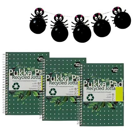 Pukka Pad Recycled Wirebound Notebook, A5, Ruled & Perforated, 110 Pages, Green, Pack of 3 - Get Halloween Spider Balloon Garland Free