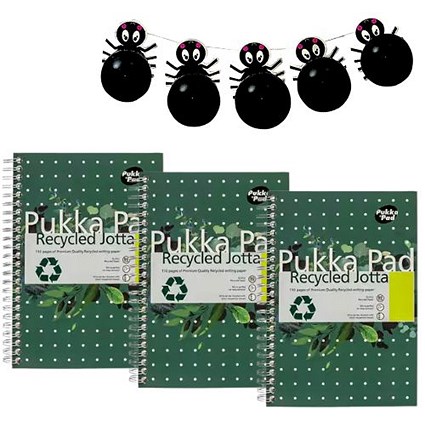 Pukka Pad Recycled Wirebound Notebook, A4, Ruled & Perforated, 110 Pages, Green, Pack of 3 - Get Halloween Spider Balloon Garland Free