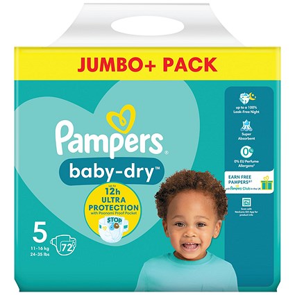 Pampers Baby Dry Taped Nappies, Size 5 Jumbo, Pack of 72