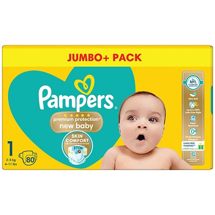 Pampers Premium Protection Nappies, New Baby Size 1 Jumbo, Pack of 80