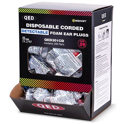 Beeswift Qed Corded Detectable Earplugs, Blue, Pack of 200 Beeswift Qed Corded Detectable Earplugs, Blue, Pack of 200