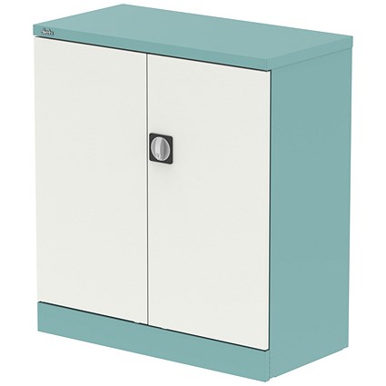 Qube 1000mm 2-Door Stationery Cupboard Pastel Turquoise And Satin White With Shelf