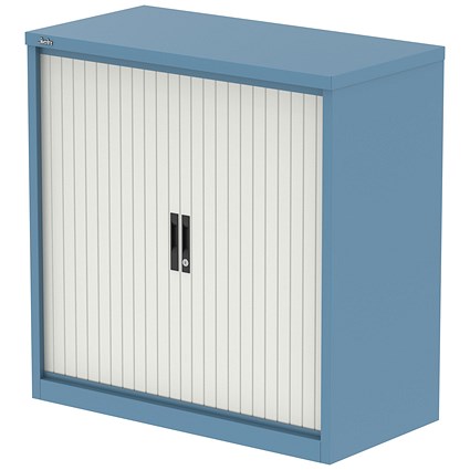 Qube 1000mm Side Tambour Cupboard Pastel Blue And Satin White With Shelves