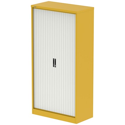 Qube 2000mm Side Tambour Cupboard Lemon Yellow And Satin White With Shelves